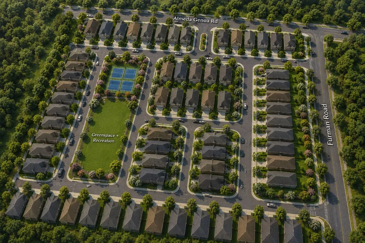 The Courts at Almeda Genoa from the air — streets, homes, pickleball courts and a central greenspace between Almeda Genoa Road and Furman Road.