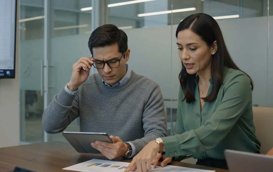 Two colleagues in a meeting room reviewing deal figures on a tablet and printed charts